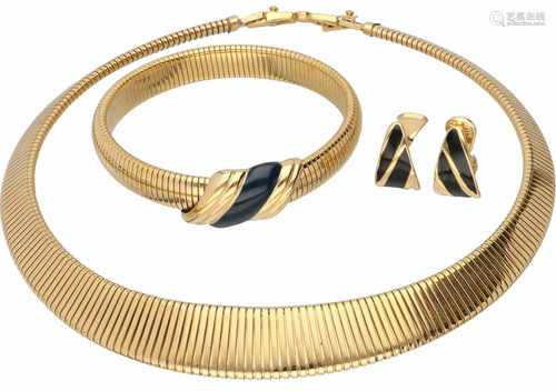 Set of Monet necklace, bracelet and earrings gold plated, blue and black enamel - 925/1000.