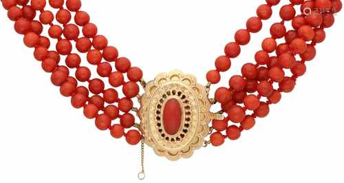 Necklace with large yellow gold closure, red coral - 14 ct.