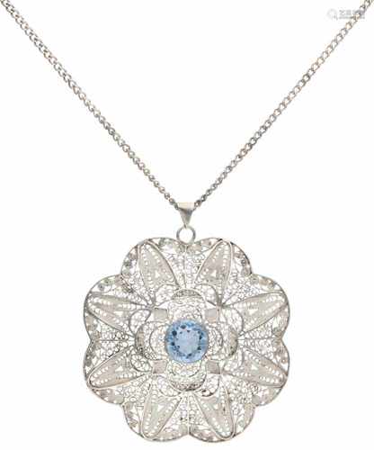 Filigree necklace with pendant silver, light blue decorative stone - 835/1000.