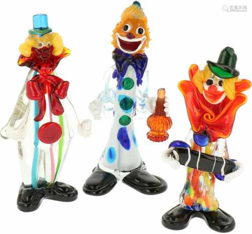 A lot of (3) glass clown figurines. Murano, Second half 20th century.