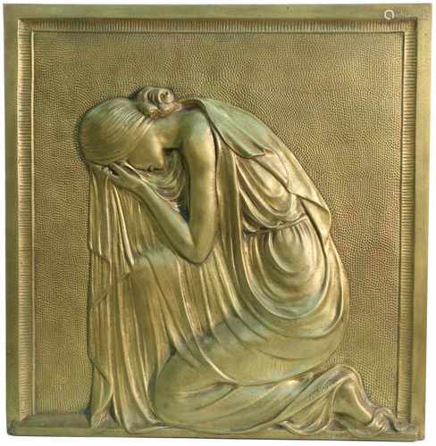 An Art Nouveau memorial plaque with depiction of a mourning figure. Indistinctively signed, 19th