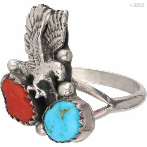 Navajo ring silver, turquoise and red coral - 925/1000.