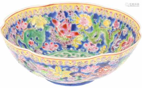 An eggshell porcelain bowl with floral and dragon décor, marked Jingezhen Zhi. China, mid 20th