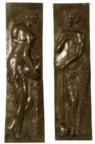 Two bronze bas reliefs of water nymphs (possibly mantle pieces). 19th century.