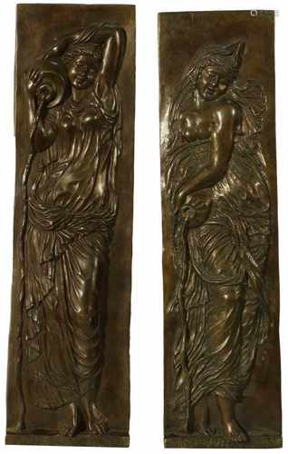 Two bronze bas reliefs of water nymphs (possibly mantle pieces). 19th century.