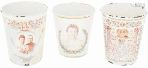 A lot with (3) enamel royal memorial beakers with various decoration. Late 19th and 20th century.