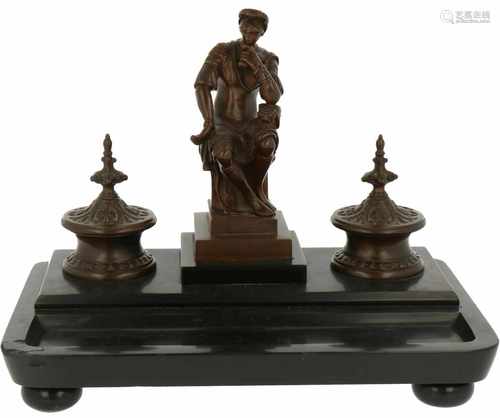 A marble ink stand with bronze mounts, réduction launage. France, late 19th century. 