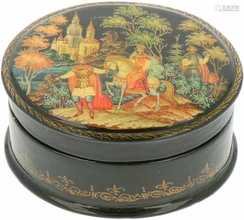 A Russian lacquer box with depiction of 'Ruslan en Ludmila, after Alexander Pushkin'.