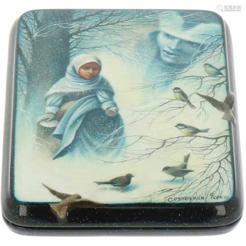 A Russian lacquer box with depiction of a girl feeding the birds.