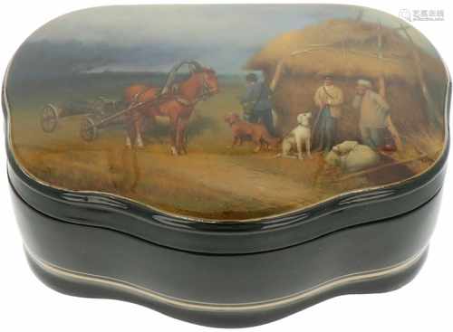 A Russian lacquer box with figures seeking shelter for an upcoming storm.