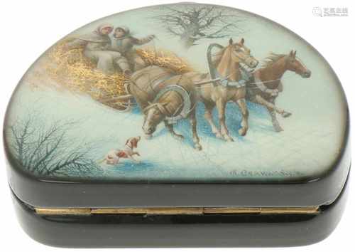 A Russian lacquer box with depiction of a Trojka.