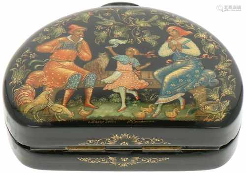 A Russian lacquer box with depiction of figures with a Samowar and a music playing couple of