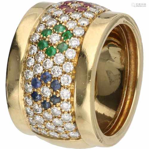 Leo Pizzo band ring yellow gold, ca. 0.69 carat diamond, sapphire, ruby and emerald - 18 ct.