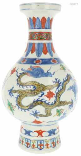 A porcelain Wucai vase with dragon décor, marked Wanli in the neck and bottom. China, 20th