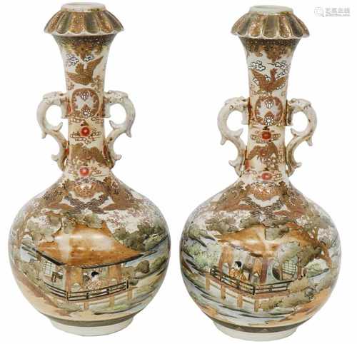 A set of (2) Satsuma vases with décor of Japanese figures. Japan, ca. 1900.