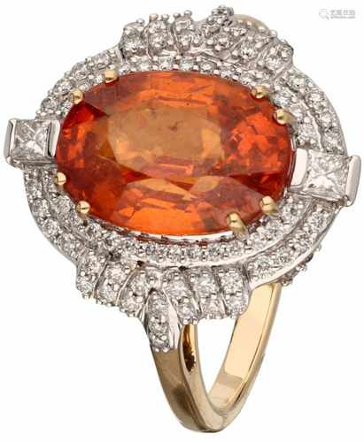 Lorique entourage ring yellow gold, ca. 0.56 carat diamond and spessartine mandarin garnet - 18 ct.