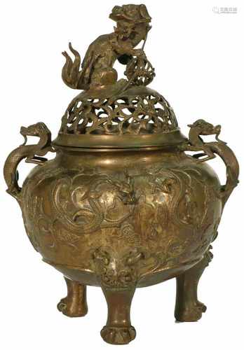 A bronze incense burner, decorated with dragons and a Qilin, marked underneath. China, 19th century.