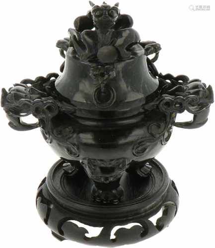 A nephrite incense burner, incl. base. China, 20th century.