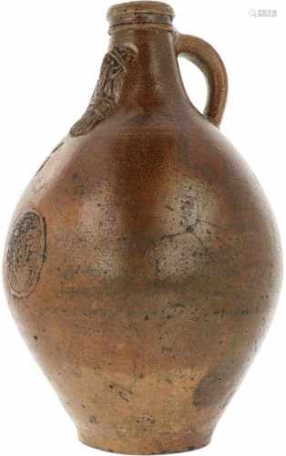 A stone 'baardmankruik'or jug with Amsterdam(?) coat of arms. 17th/ 18th century.