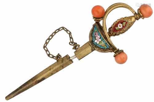 Sword shaped copper alloy tiepin, red coral and micro mosaic.