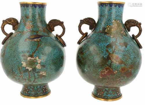 A set of (2) cloissoné vases with décor of birds and gilt bronze. China, Jianqin.b