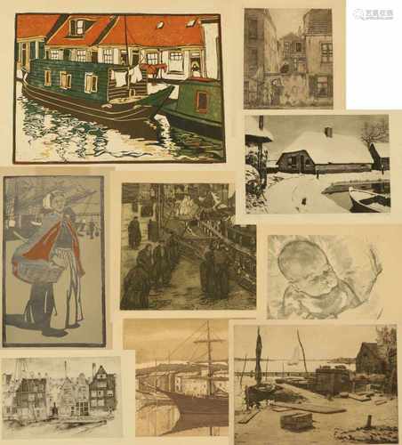 A folder consisting of etchings, litho's and woodcuts. Roeland Koning: Scheveningen Fisherwoman;