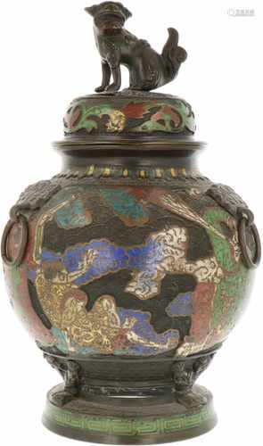 A Chinese cloisonné incense burner with mythological figures, marked with character-mark. First half