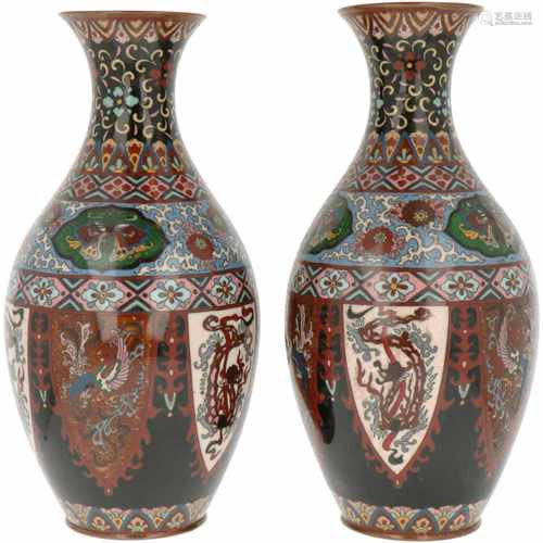 A set of two cloisonné vases decorated with dragons, phoenices and butterflies. Japan, late Meiji