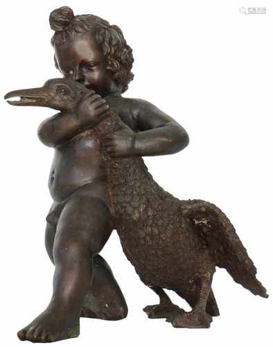 A bronze statue of a putto wrestling with a goose.