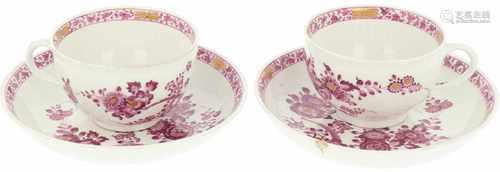 A set of (2) porcelain cup and saucers decorated with flowers. Meissen, 19th century.