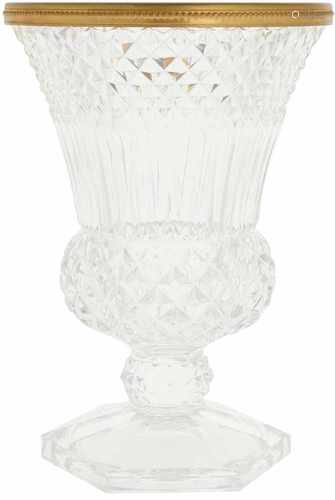 A Val Saint Lambert clear glass vase with a metal border.