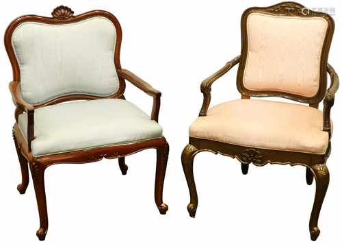 A lot with (2) mahogany chairs with pink and light grey textile upholstery. Second half 20th