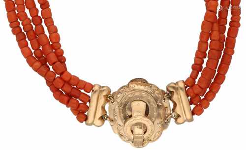 Four row necklace with rosé gold closure, red coral - 14 ct.