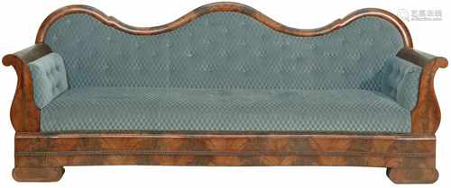 A mahogany veneered Biedermeier sofa with off-blue velvet upholstery. Ca. 1860.