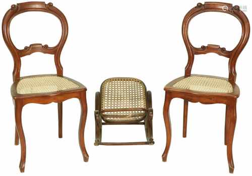 A 'Thonet'- style bench with canework seat. Together with (2) chairs in Biedermeier-style with