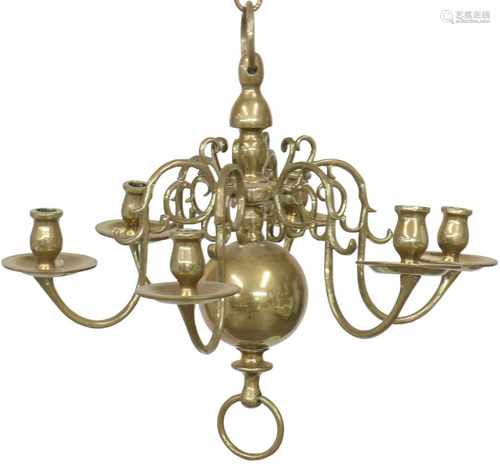 A six -arm solid bronze pendant chandelier, ca. 1900.