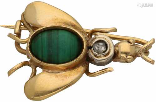 Brooch wasp yellow gold, diamond and malachite - 14 ct.