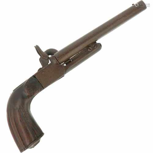 A cast iron double barrel 12 mm percussion pistol with hidden triggers. Breechloader. 19th