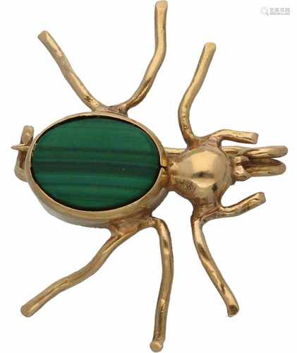 Brooch spider yellow gold, malachite - 14 ct.