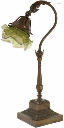 A bronze table lamp with green glass shade. France, ca. 1890.