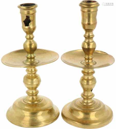 A lot of (2) bronze candles with disc drip pans. 18th century.