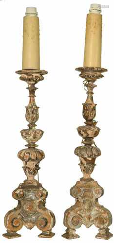 Two 18th century French Louis XIV church candlestick holders, traces of gold and polychrome paint.