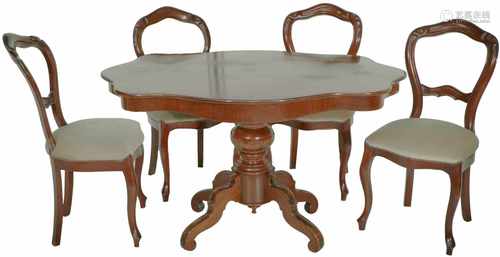 A mahogany table on a single stand with (4) matching chairs, green velvet upholstery. First half