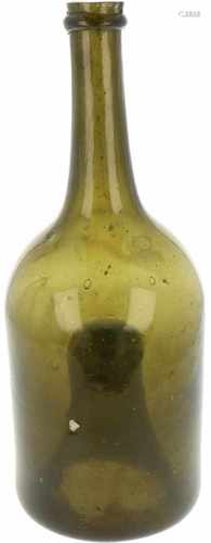 A green glass bottle with a deep pontil mark. 18th century.