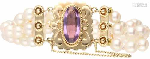 Pearl bracelet yellow gold, amethyst and cultured pearl - 14 ct.