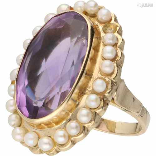 Cocktail ring yellow gold, amethyst and seadpearl - 14 ct.