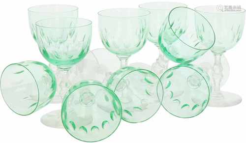 A set of (10) cut wine glasses in anna- and uranium glass. First half 20th century.