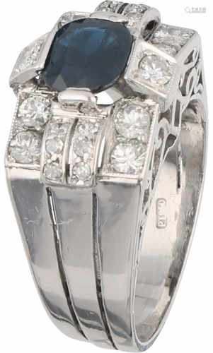 Tank ring platina, ca. 0.60 carat diamond and sapphire - Pt 950.