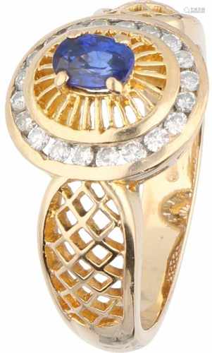 Ring yellow gold, ca. 0.20 carat diamond and sapphire - 18 ct.