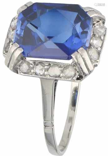 Ring gold/platina, diamond and sapphire - 18 ct. and Pt 950.